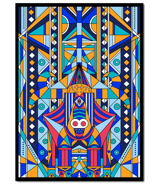 Arte tribal abstracto geométrico con patrones simétricos en azul y naranja