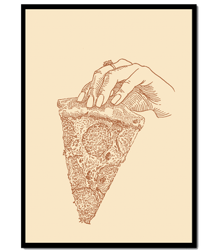 Mano sosteniendo una ilustración detallada de una porción de pizza vintage