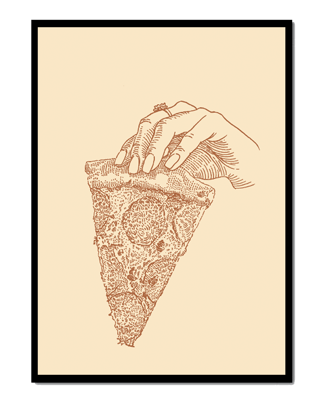 Hand holding a detailed vintage pizza slice illustration