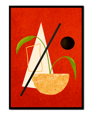 Abstract Geometric Art with Greenery on Red Background - Mi tienda