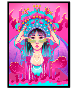 Ilustración colorida de una mujer con traje tradicional y tocado ornamental