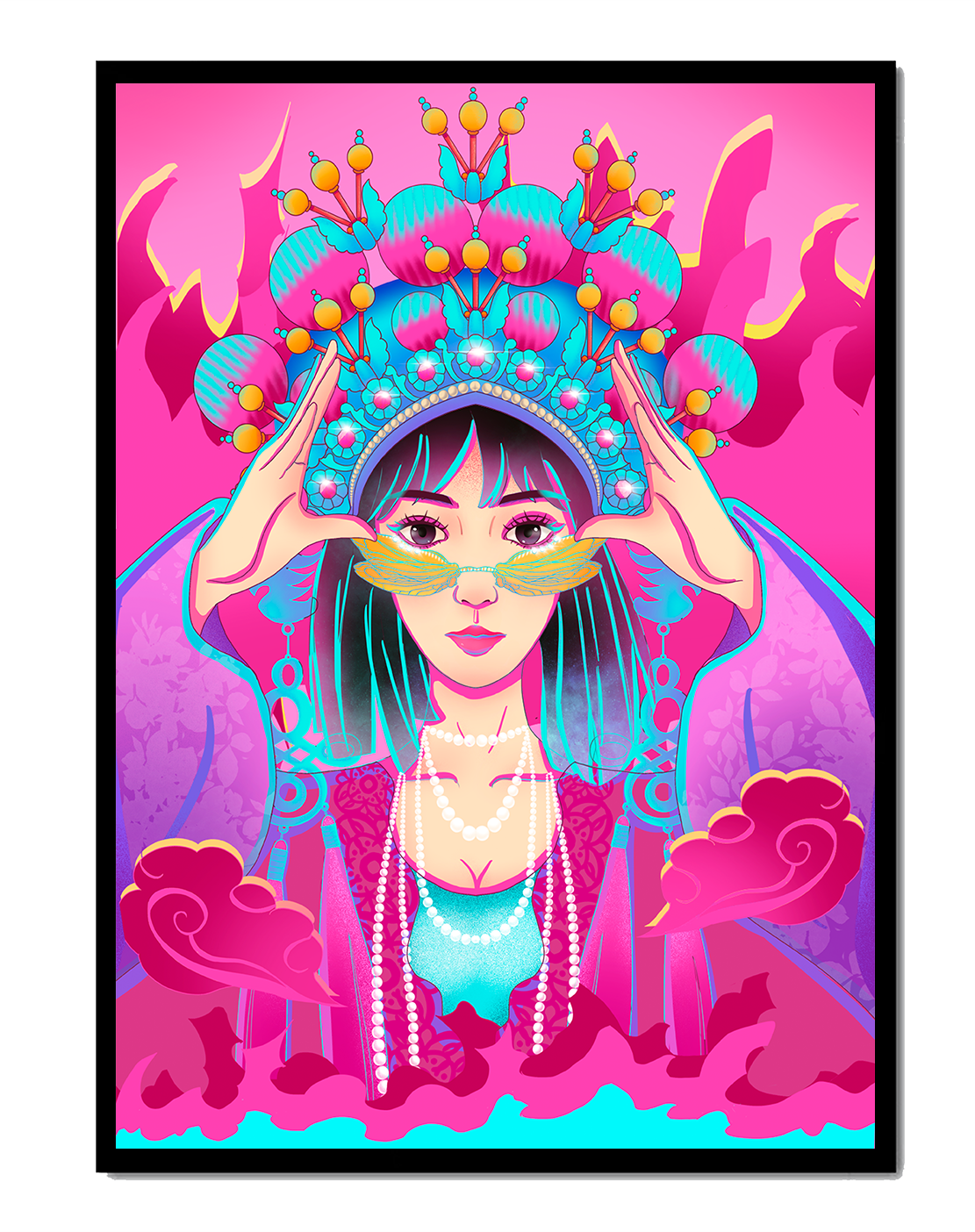 Colorful illustration of a woman in traditional costume with ornate headpiece
