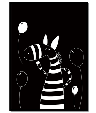 Cebra juguetona con globos en arte minimalista en blanco y negro