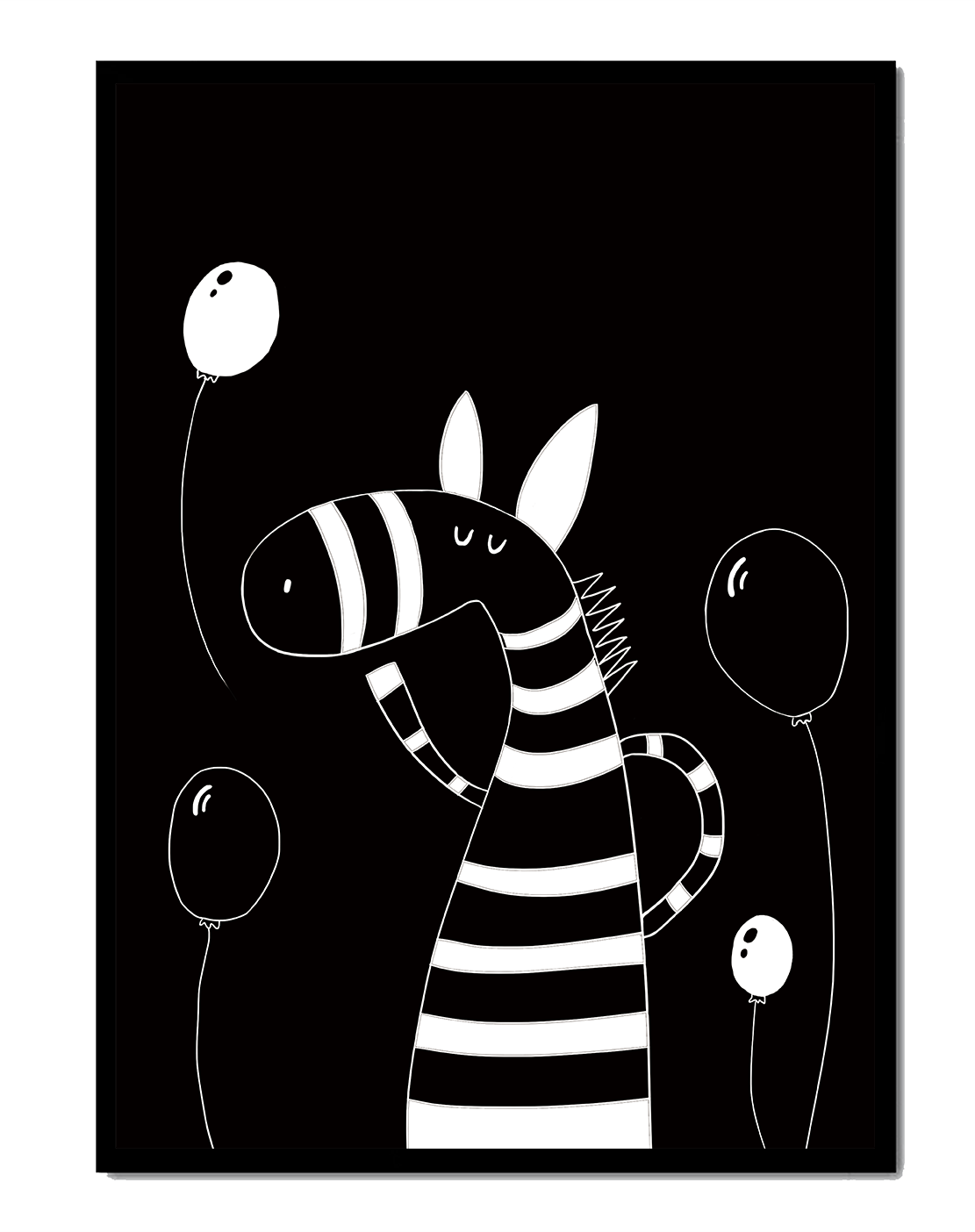Cebra juguetona con globos en arte minimalista en blanco y negro