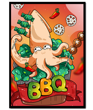 Calamar a la parrilla estilo caricatura peculiar con vegetales