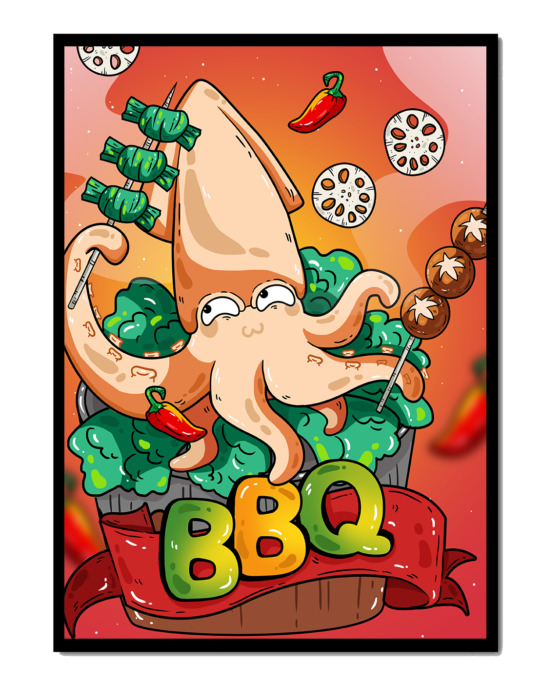 Quirky Cartoon Squid BBQ with Vegetables