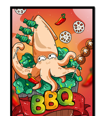 Quirky Cartoon Squid BBQ with Vegetables