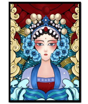Traditional Asian Portrait with Vibrant Colors and Floral Details