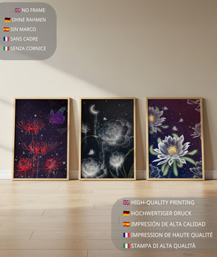 Pared Decorada con Conjunto de Tres Lienzos de Flores y Elementos Naturales