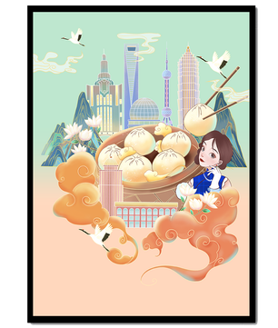 Illustration de la ligne d’horizon de Shanghai avec des raviolis et des éléments asiatiques