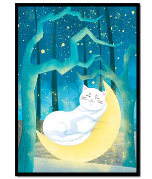 Cat sleeping on the moon in an enchanted forest under the starry sky