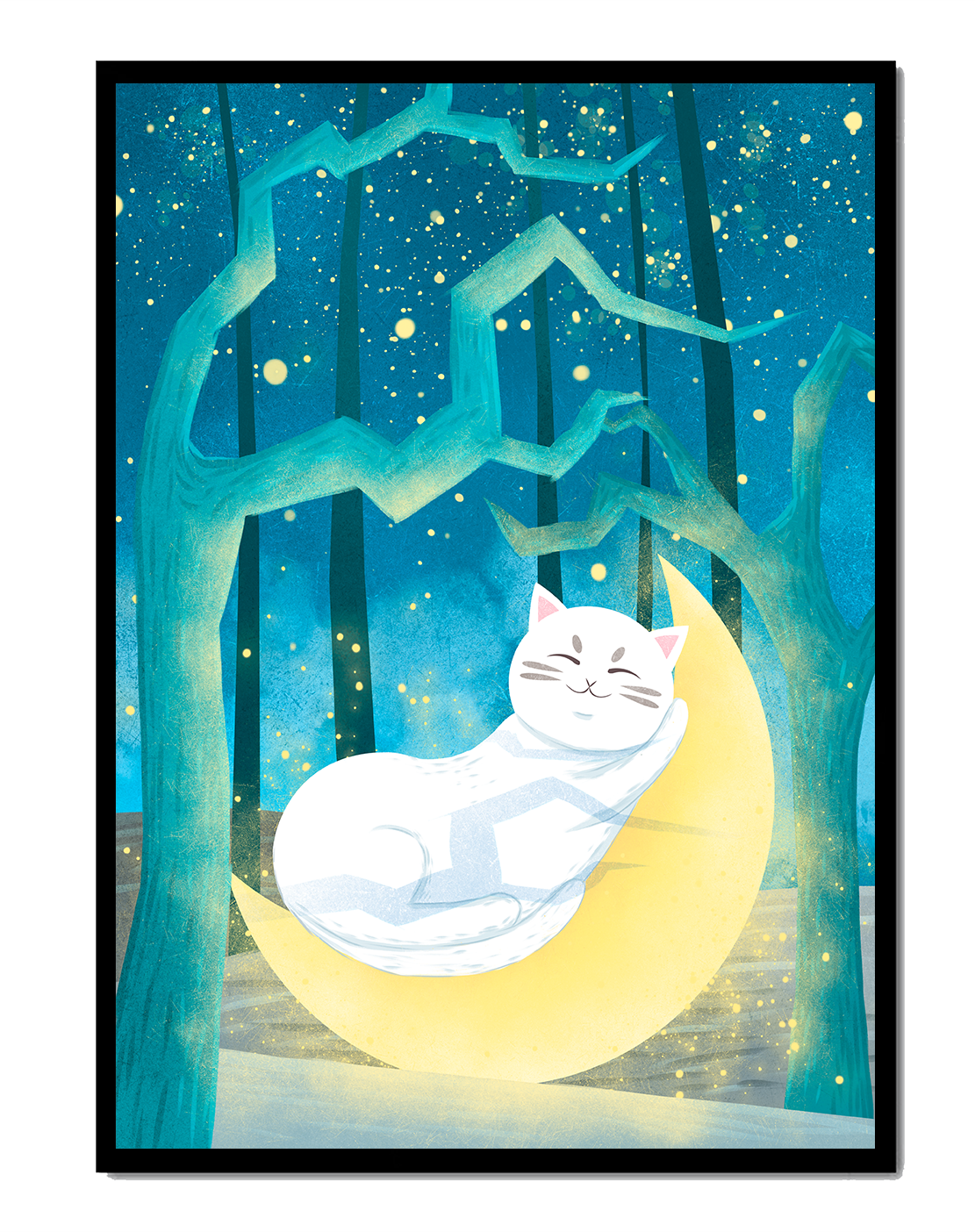Cat sleeping on the moon in an enchanted forest under the starry sky