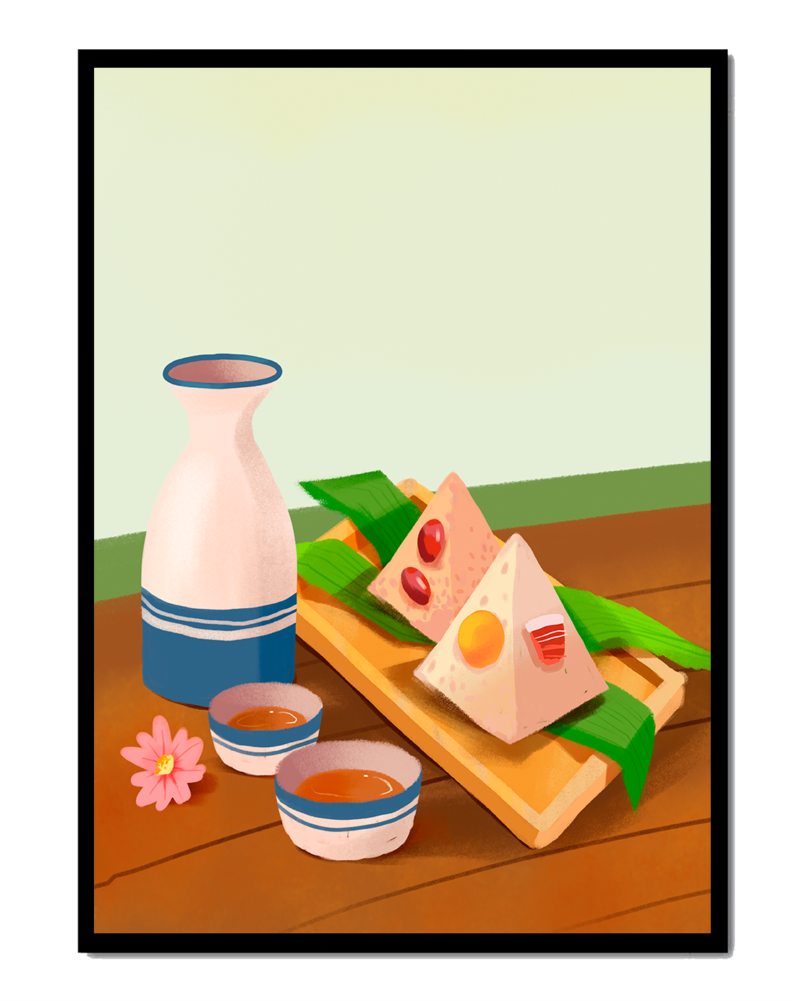 Traditional Asian rice dumplings with tea set on bamboo tray