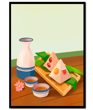 Traditional Asian rice dumplings with tea set on bamboo tray