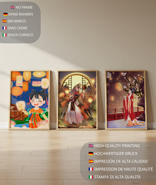 Art décoratif de style asiatique avec des lanternes et des personnages en vêtements traditionnels