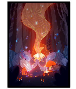 Magical forest scene with lantern and glowing hair
