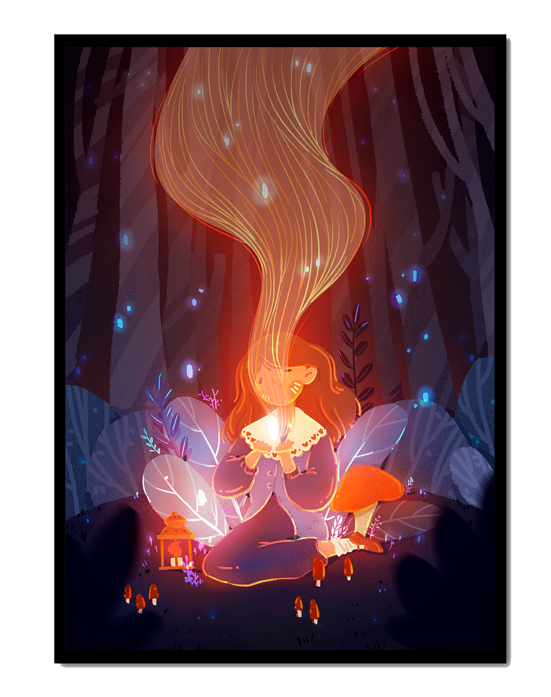 Magical forest scene with lantern and glowing hair