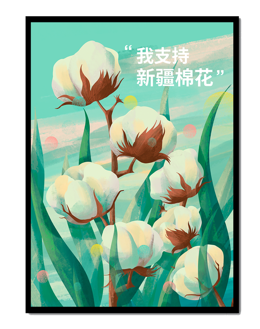 Illustration of cotton plants with supportive text in Chinese