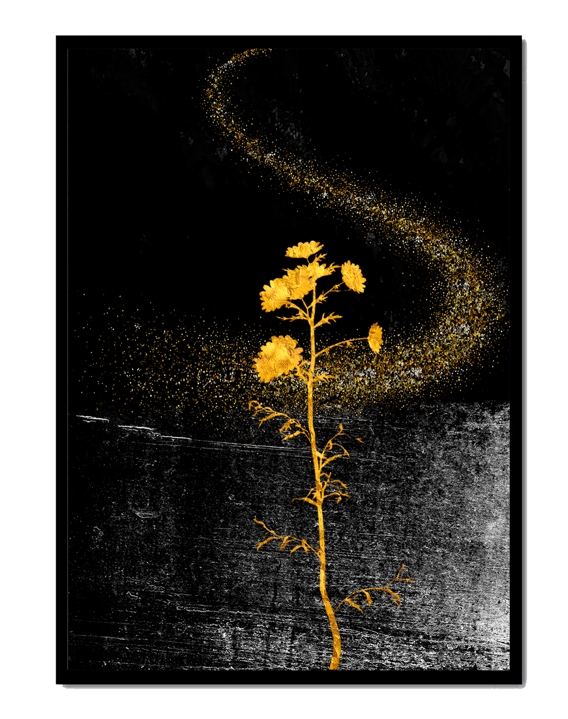 Golden Flowers on Black Background with Sparkling Dust