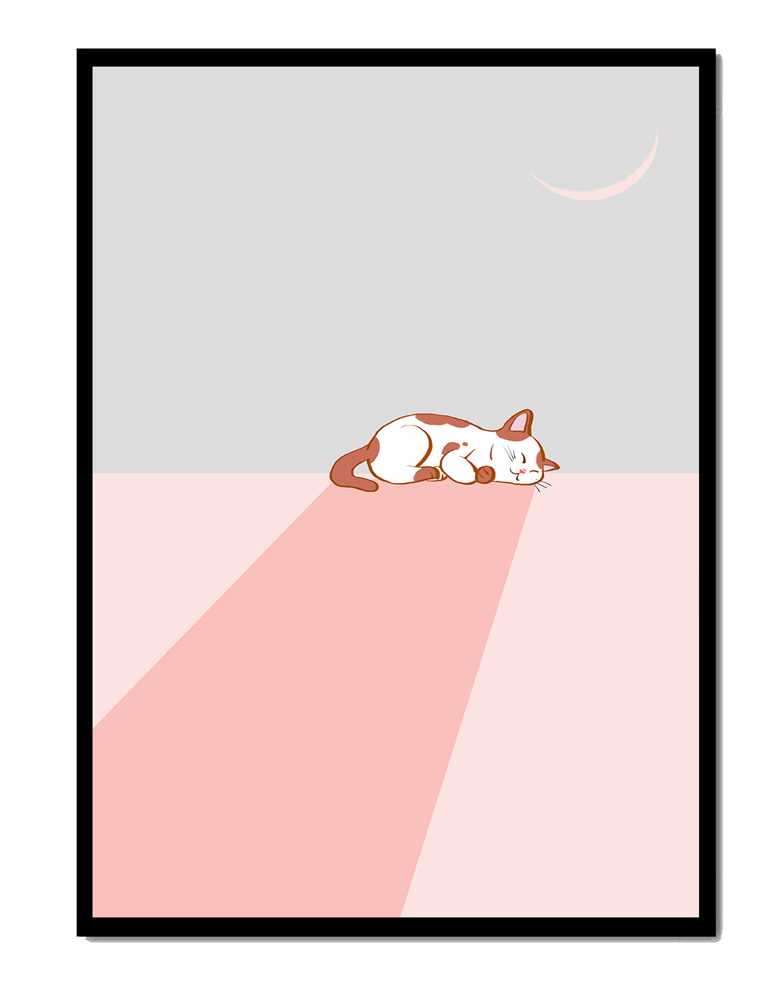 Sleeping Cat in Minimalistic Moonlit Scene