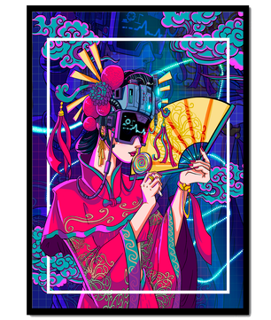 Geisha con traje futurista, elementos de neón y abanico