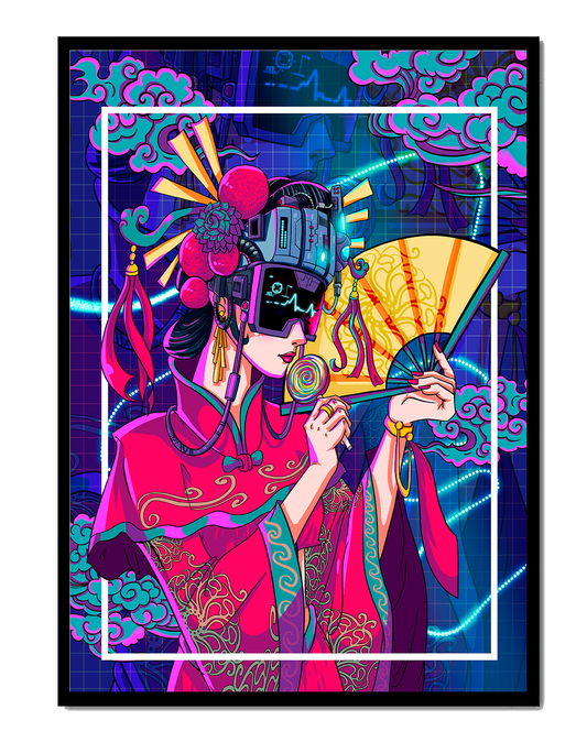 Geisha in Futuristic Costume with Neon Elements and Fan
