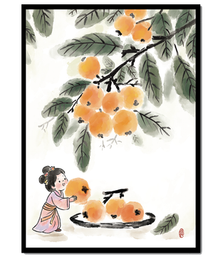 Arte japonés con una niña recogiendo caquis bajo un árbol