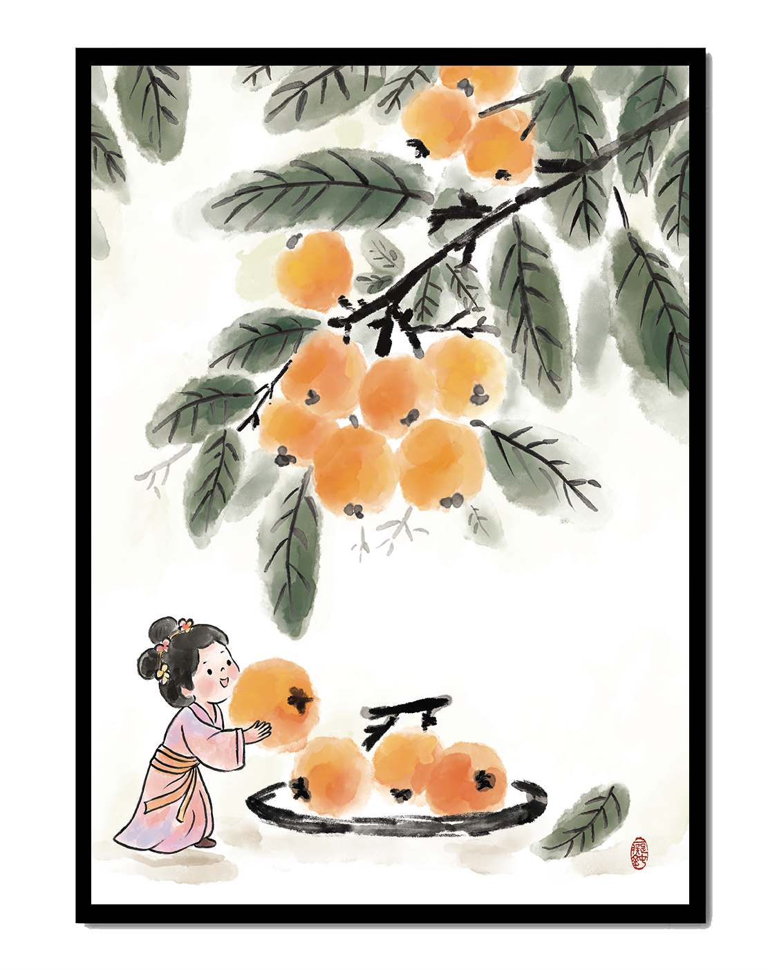 Arte japonés con una niña recogiendo caquis bajo un árbol