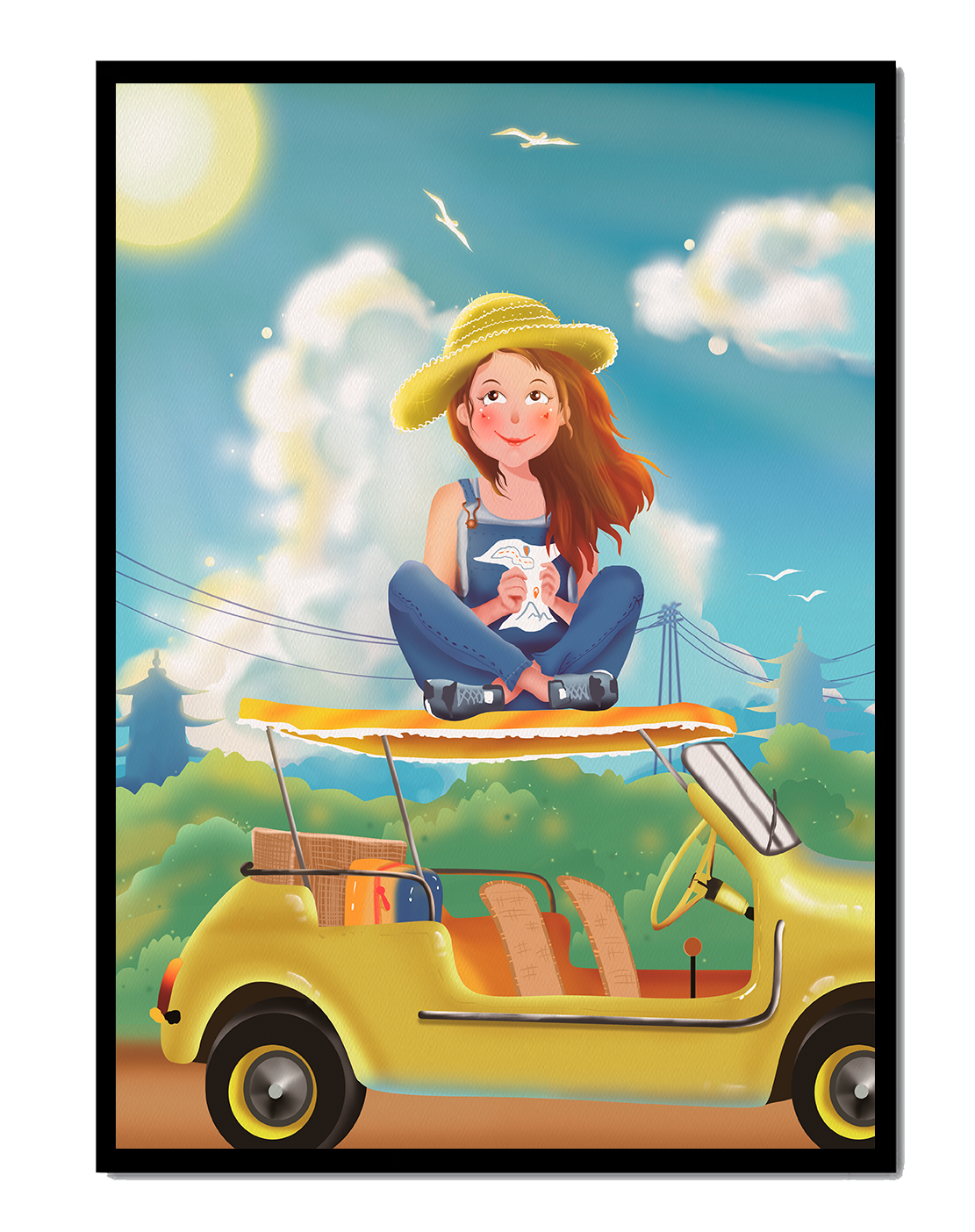 Young woman enjoying a sunny day sitting on a car roof amid lush greenery