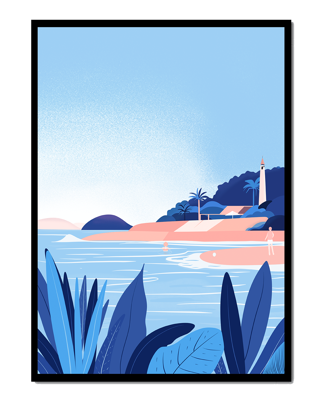Serene seaside scene with lighthouse and tropical foliage