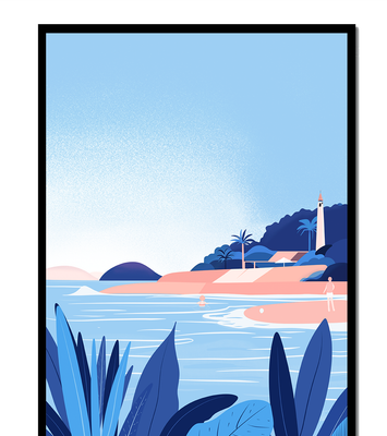 Serene seaside scene with lighthouse and tropical foliage
