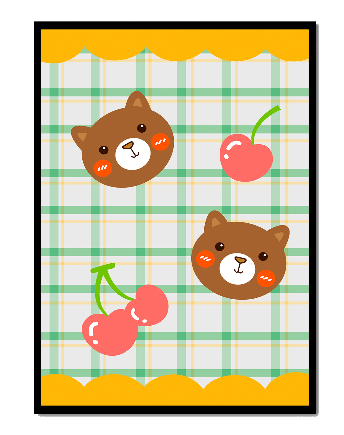 Playful bear and cherry pattern with plaid background