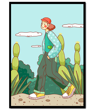Person walking in desert landscape with cacti