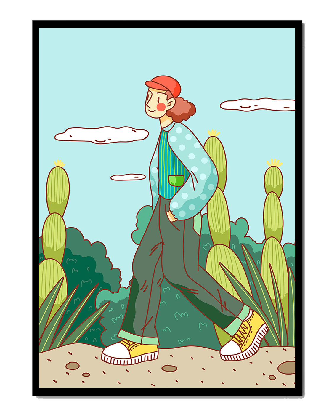 Person walking in desert landscape with cacti