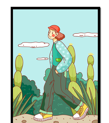 Person walking in desert landscape with cacti