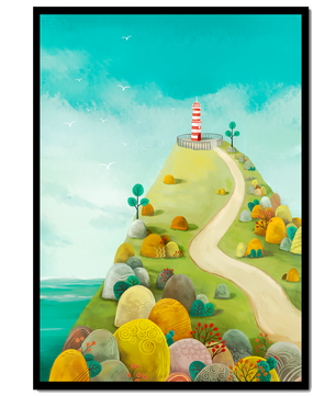 Charming lighthouse illustration on a scenic hilltop