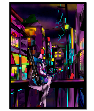 Paisaje urbano cyberpunk con un personaje futurista por la noche