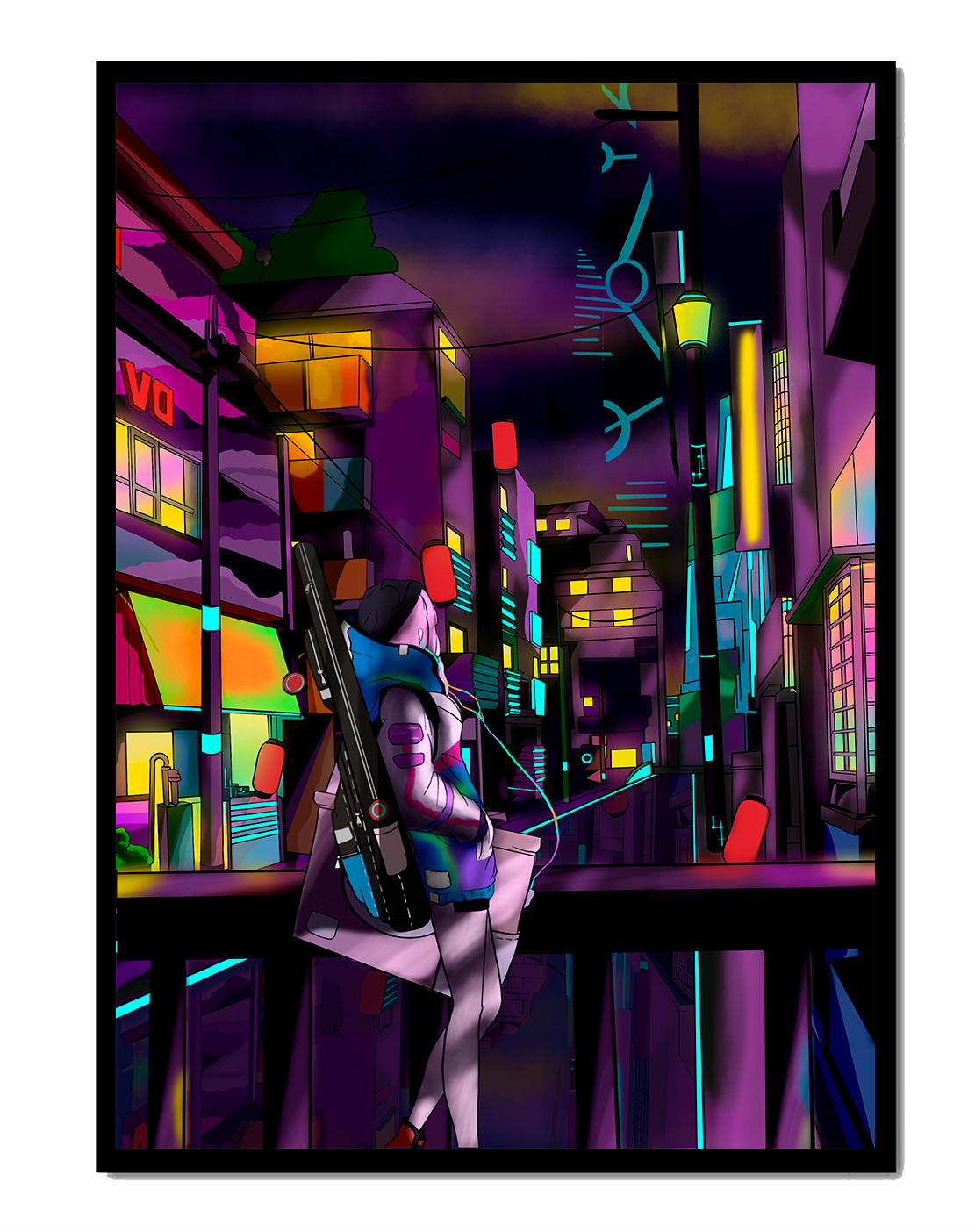 Cyberpunk cityscape with a futuristic character at night