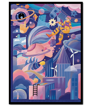 Futuristic space exploration artwork with astronaut and planets