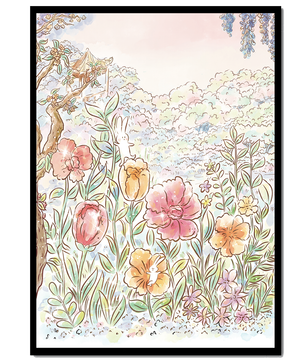 Charming Garden with Bunnies and Blossoming Trees