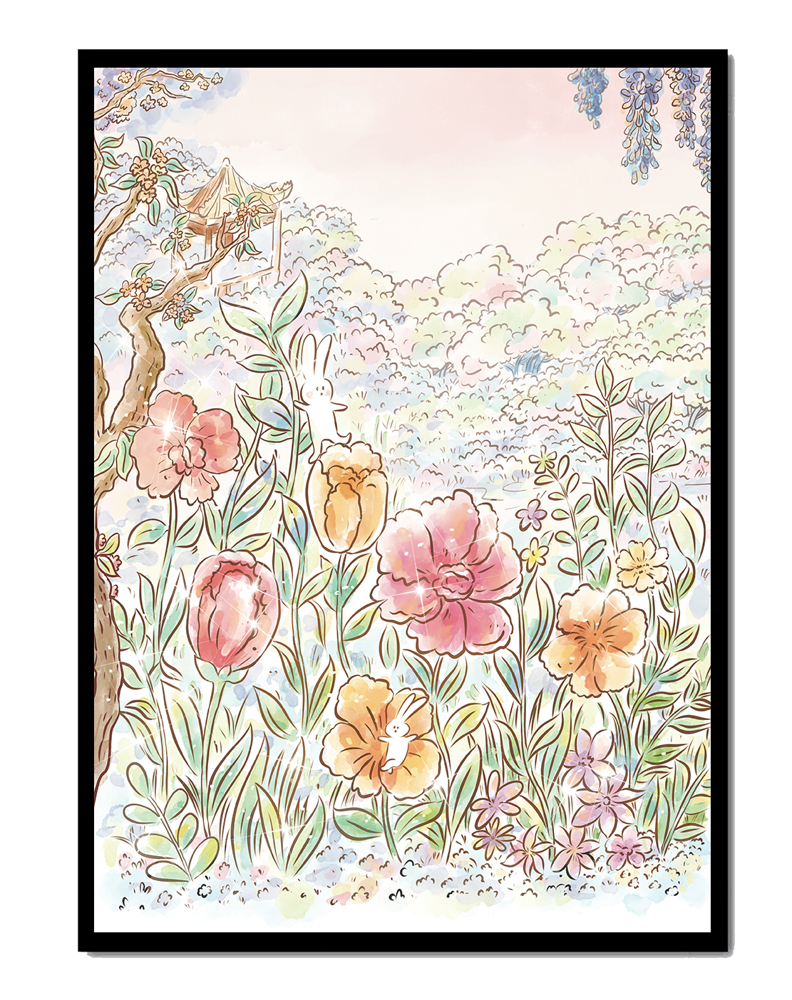 Charming Garden with Bunnies and Blossoming Trees