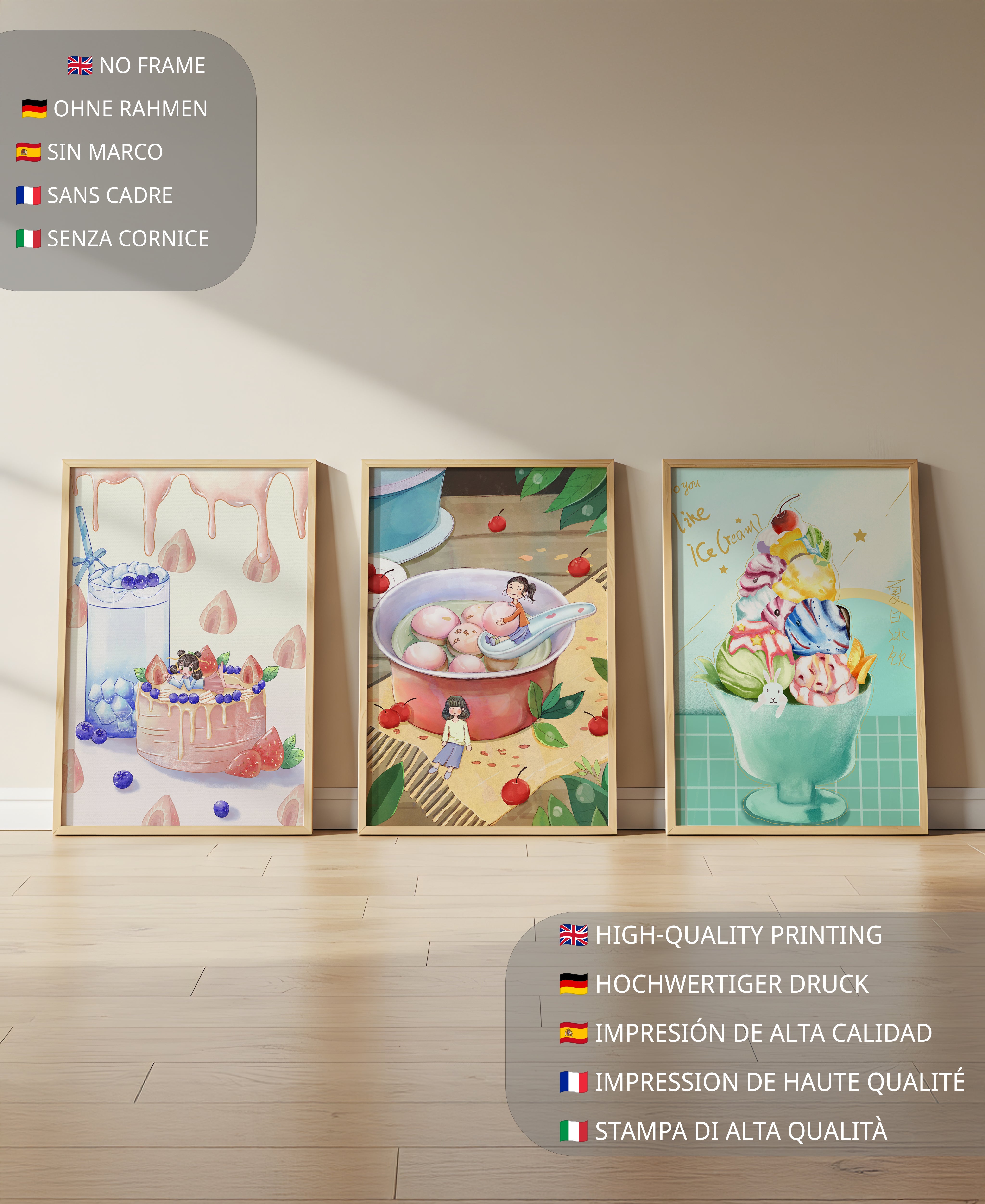 Tríptico Colorido de Arte Culinario Infantil en Pared