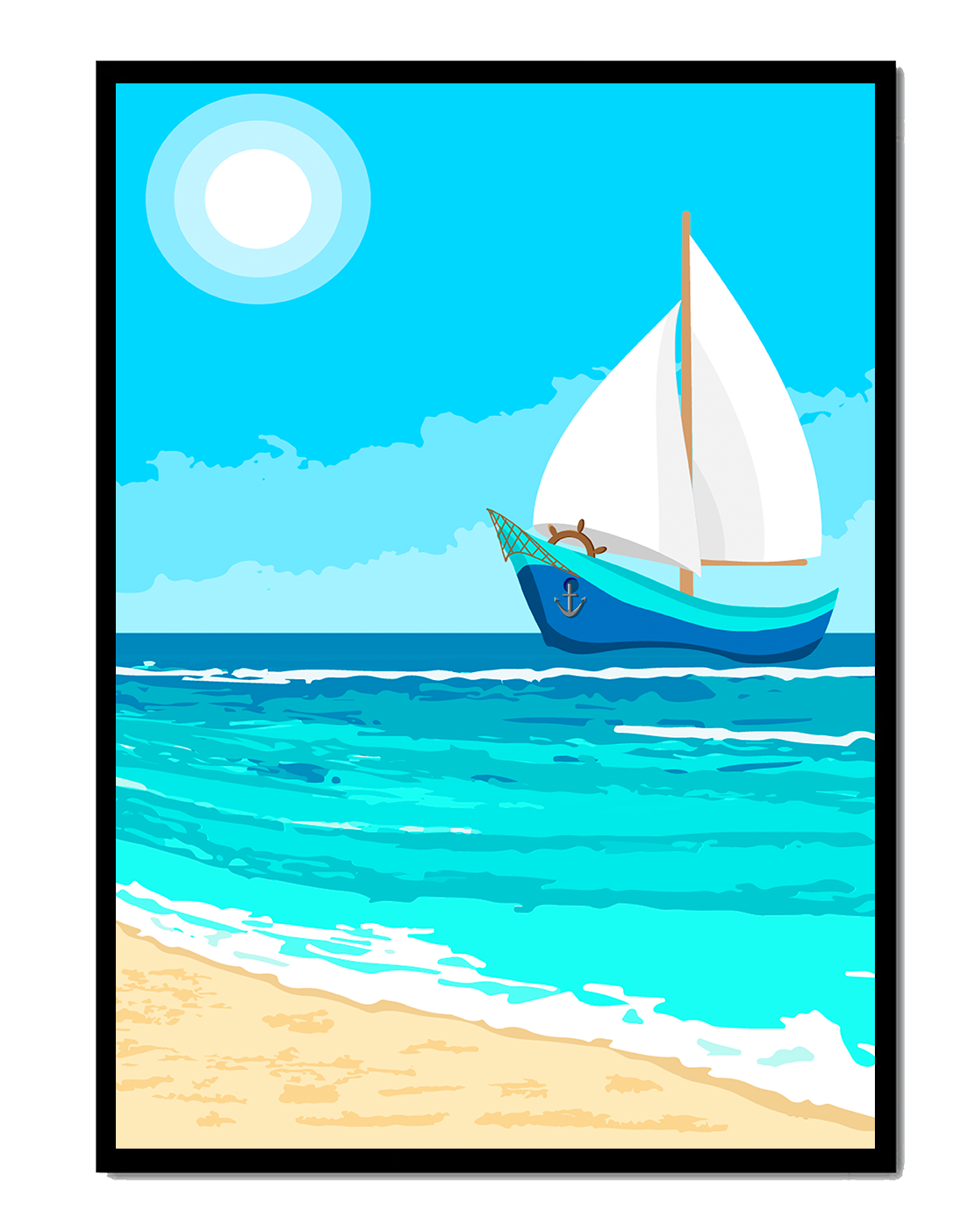 Serene ocean scenery with sailboat under the sun