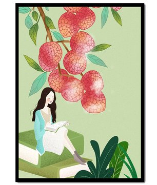 Mujer leyendo bajo un árbol de lichi con vegetación