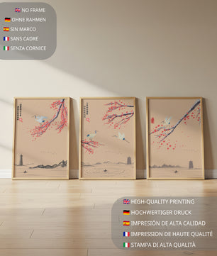 Ensemble d'art oriental avec grues et fleurs de cerisier