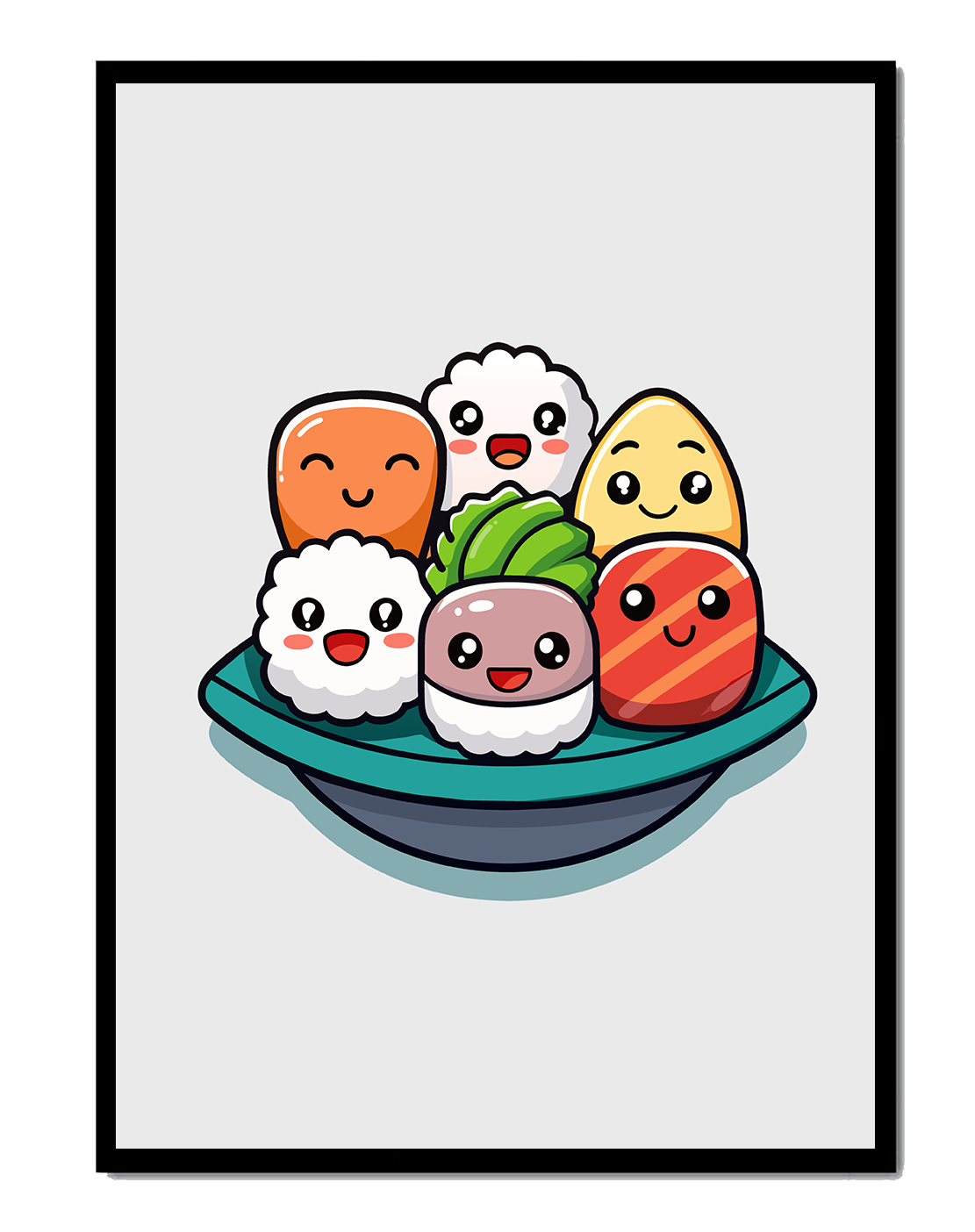 Adorable cartoon sushi characters in a bowl illustration