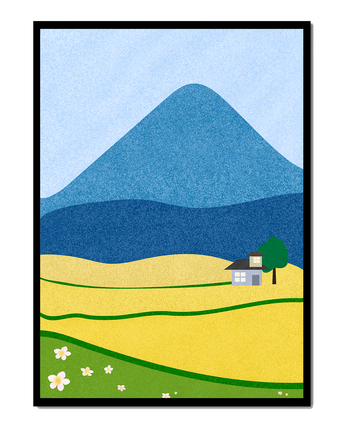 Serene Countryside Landscape with Mountain and Flowers