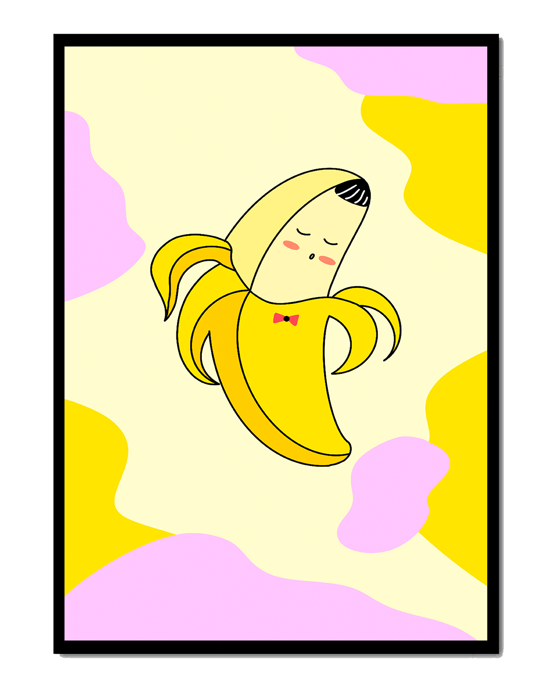 Quirky animated banana with bow tie on colorful abstract background