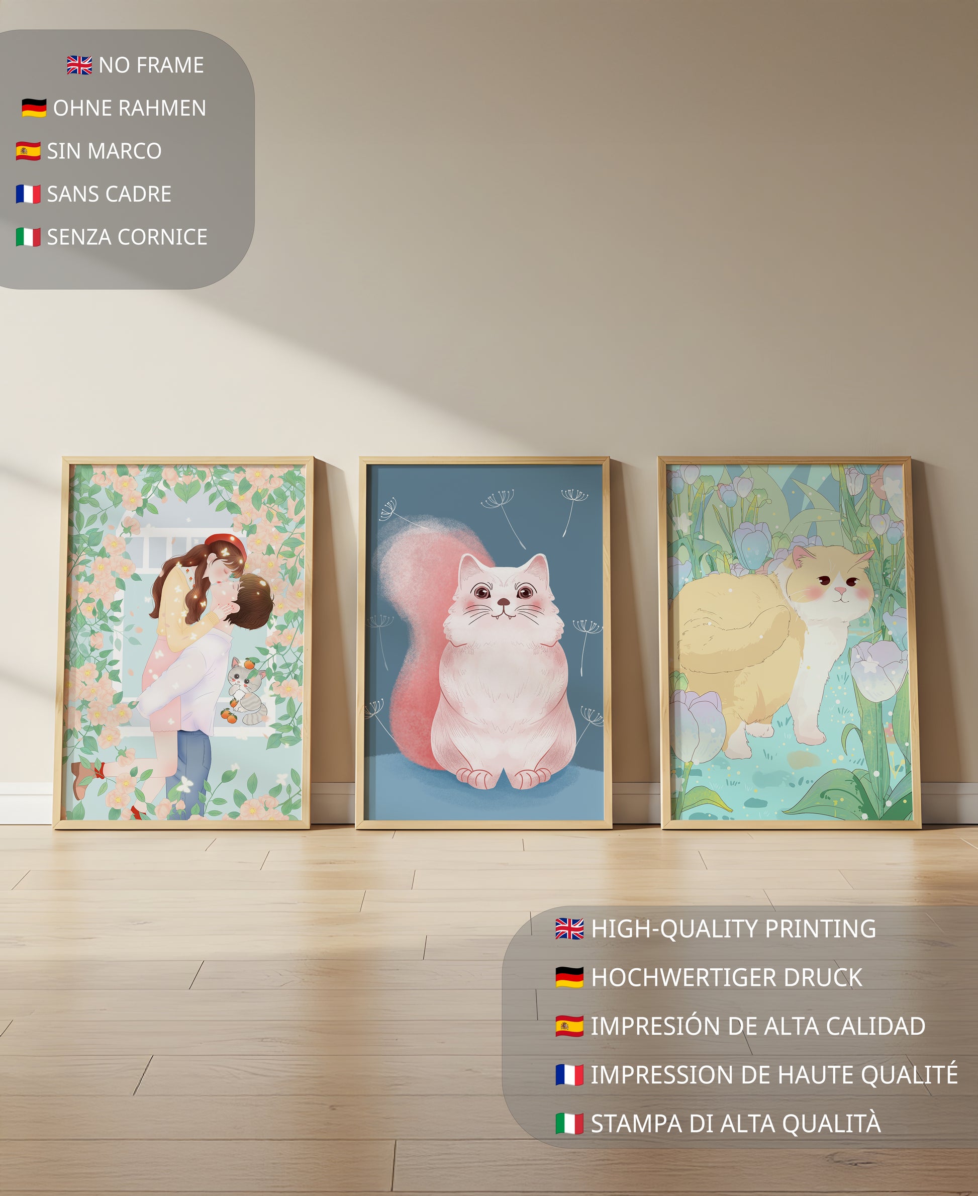 Ensemble de trois tableaux avec des chats et un design floral dans des tons pastel