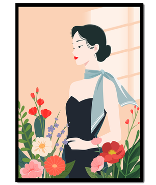 Elegant Woman with Floral Background and Scarf
